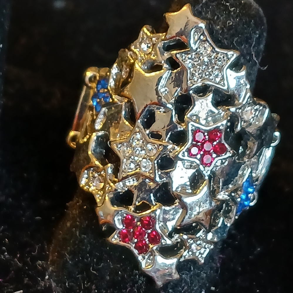 Paparazzi Silvertone Stretch Ring With Stars And Blue, Red And Clear Rhinestones